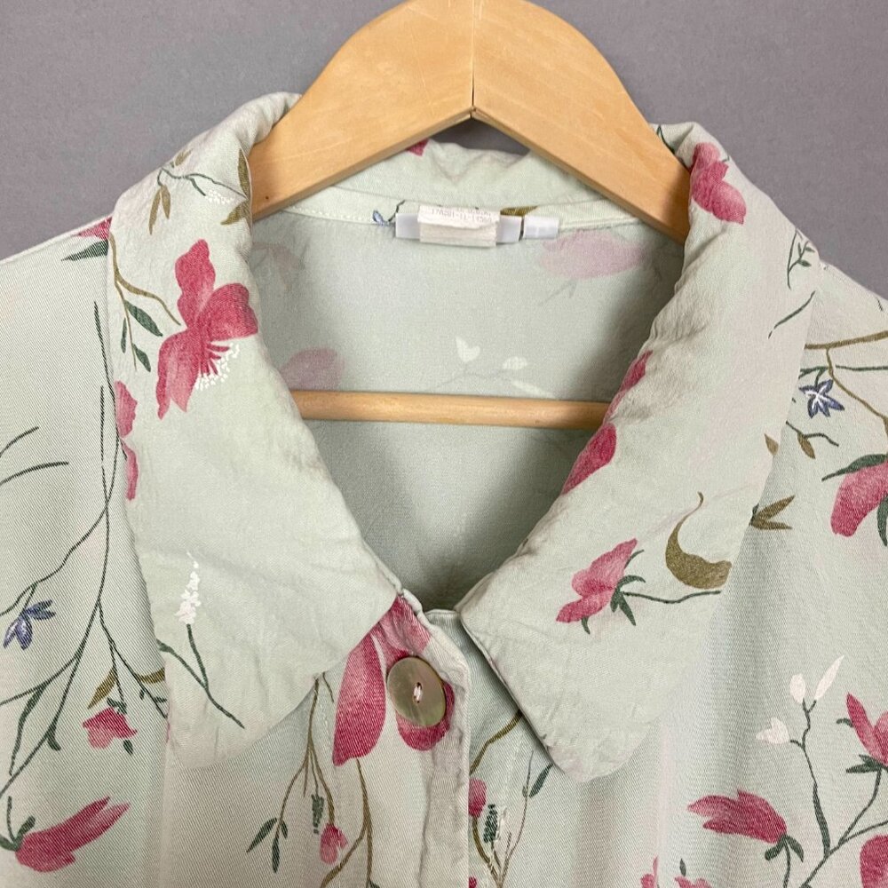Vintage Top Lightweight Jacket Shell Button Women Green Tencel Rayon‎ Floral 90s